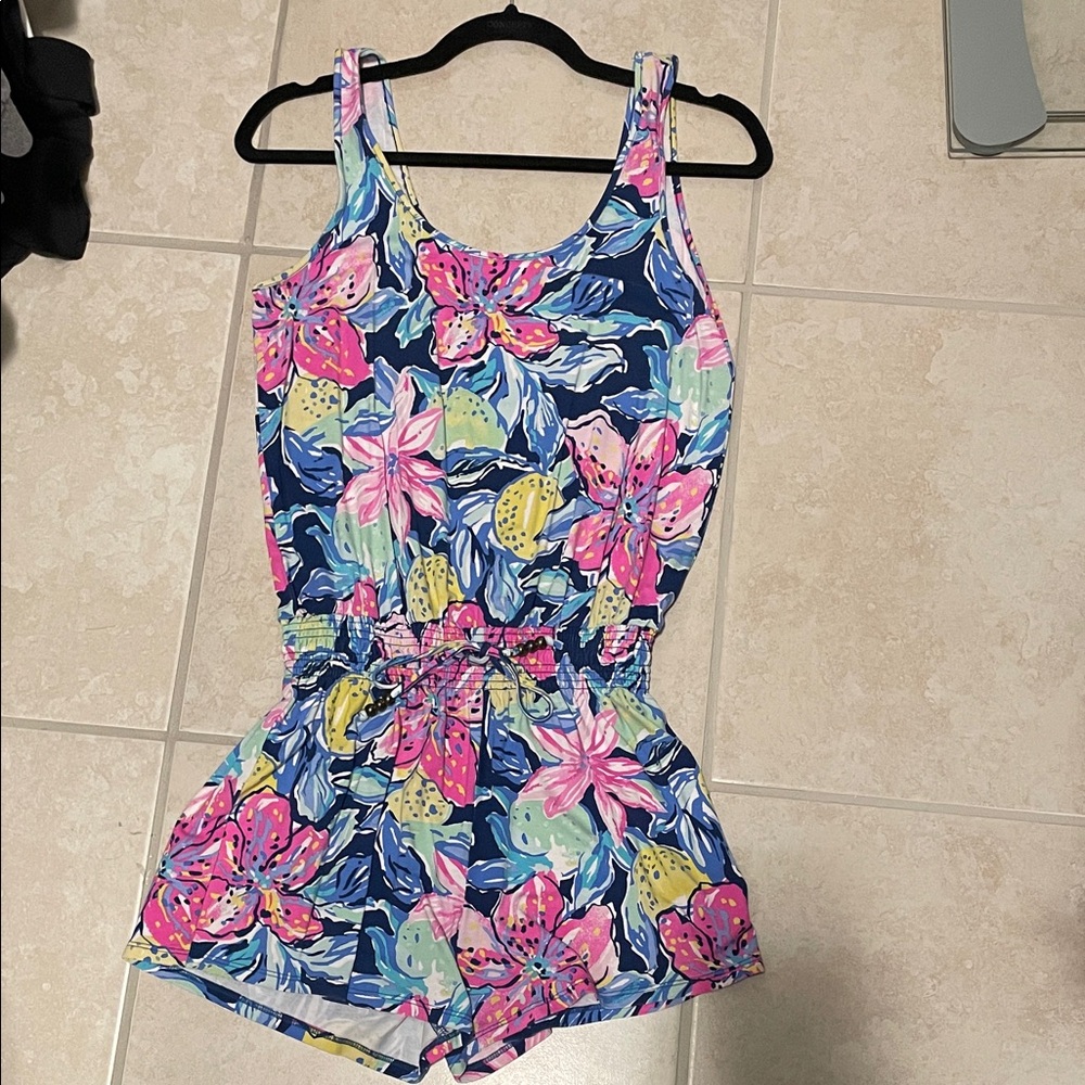 Lilly Pulitzer Navy Floral Sleeveless Romper with Pink & Yellow Flowers